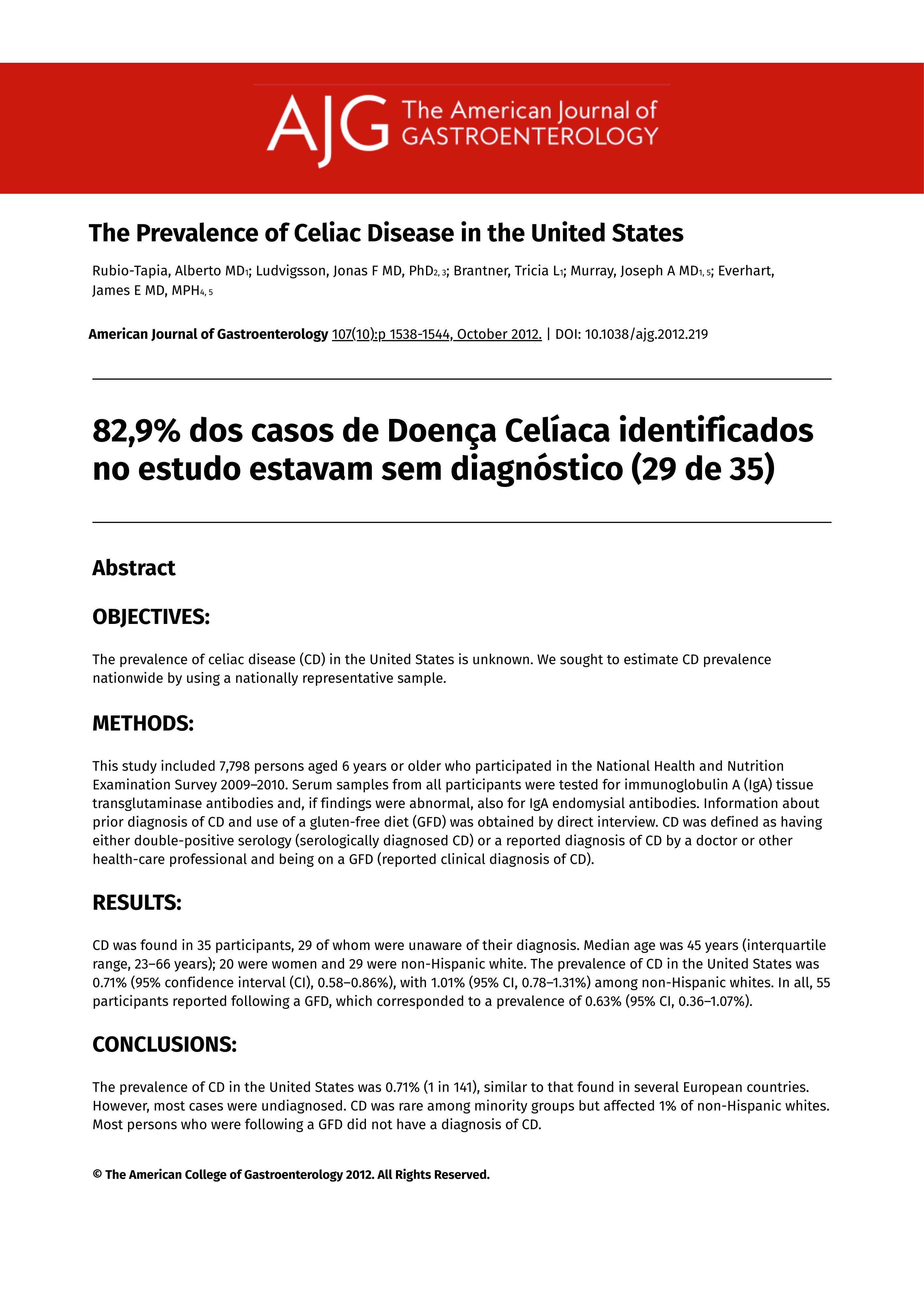 Print do estudo do American Journal of Gastroenterology sobre 82,9% dos casos de doença celíaca sem diagnóstico