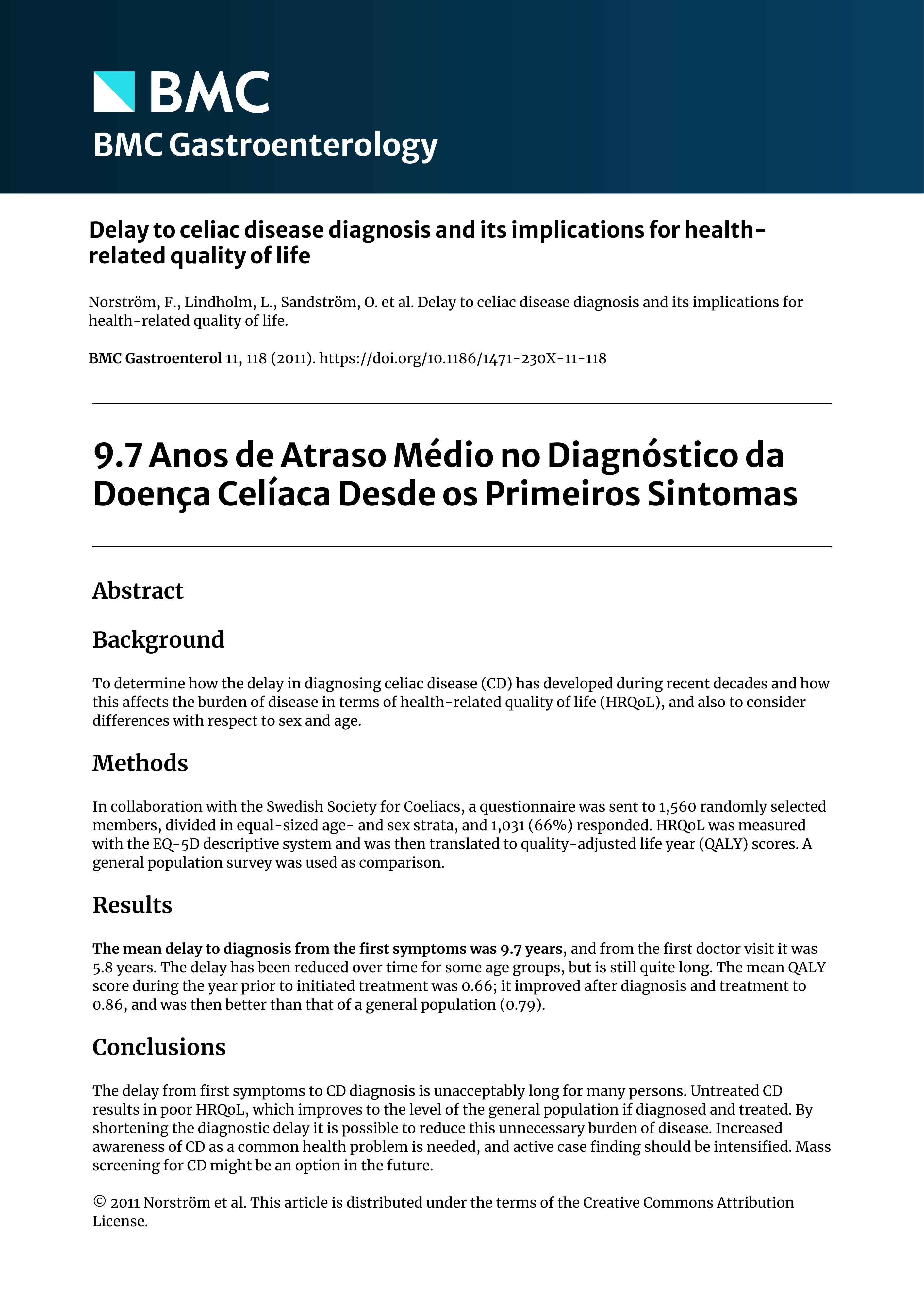 Print do estudo da BMC Gastroenterology sobre atraso médio de 9,7 anos no diagnóstico da doença celíaca